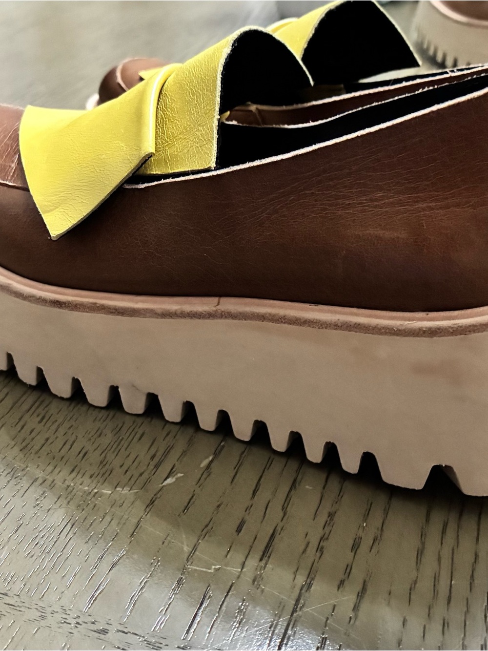 Brown Platform Loafers with Yellow Bow Accent